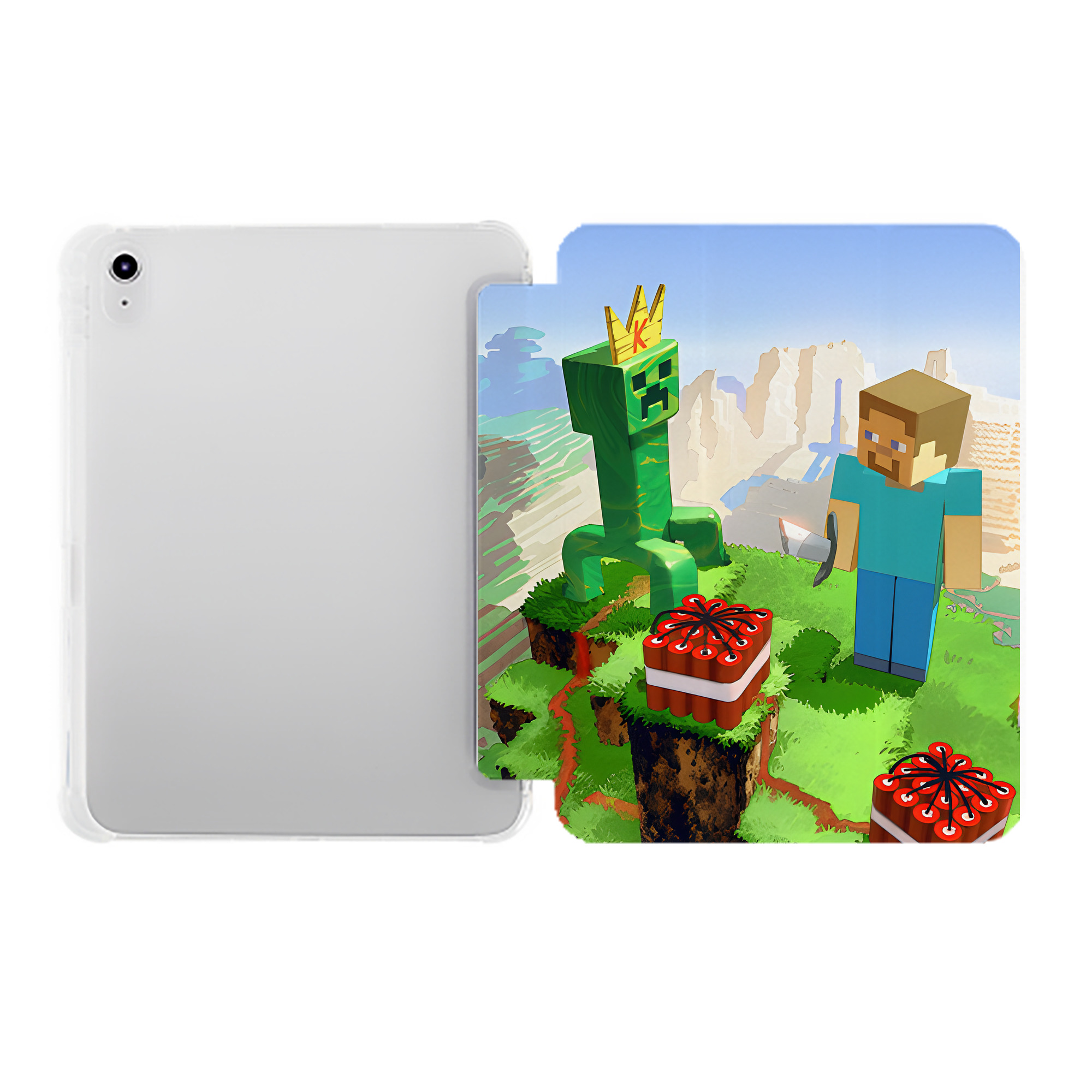 （画像用） マインクラフト ブロックの世界 Minecraft MC Block world IPad ケース ペン収納付き 三つ折りスタンド PUレザー×シリコン 対応機種9.5/10.5/10.9インチ